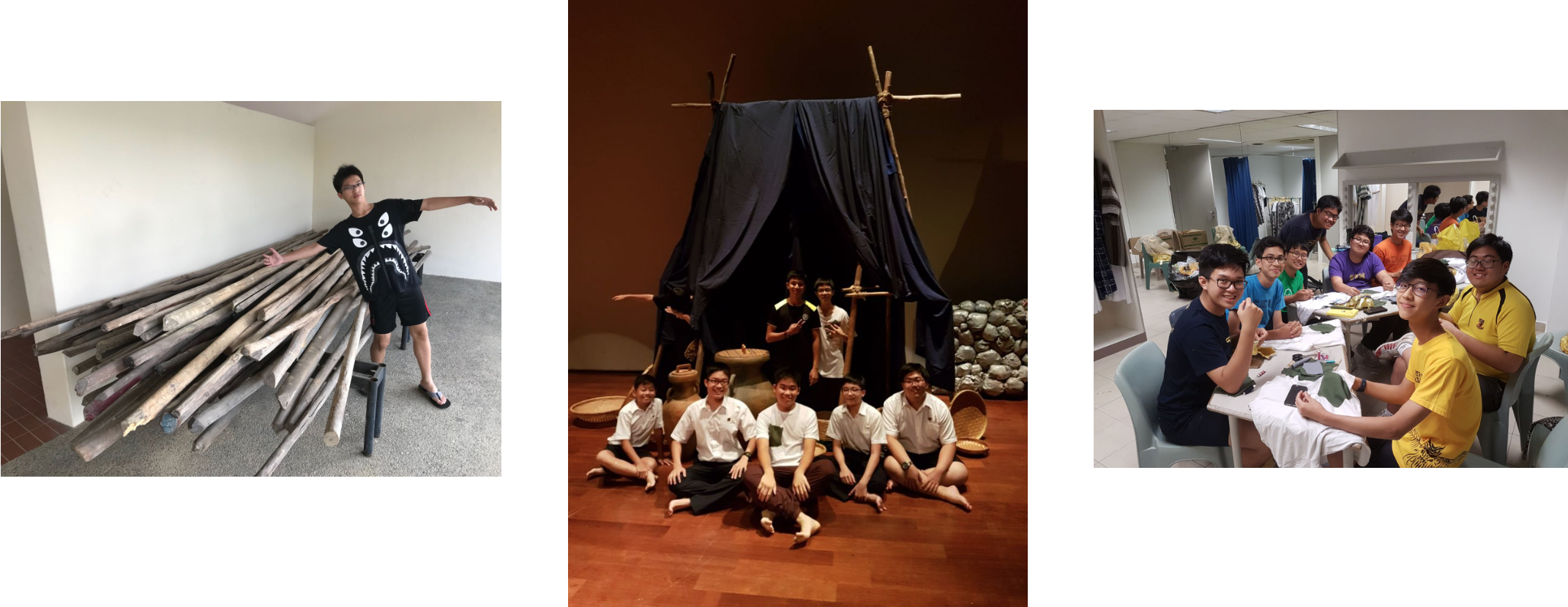 Three scenes: a teen with wood logs, students posing by a dark fabric tent structure, and a group seated at a table.